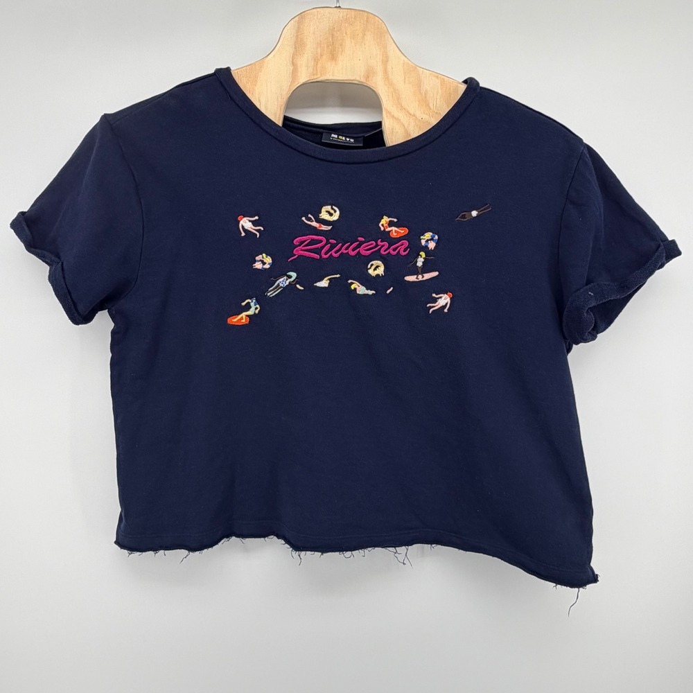 Maeve Anthropologie Riviera Swimmer Embroidered Crop Top Sweatshirt Navy XL